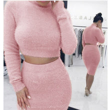 Load image into Gallery viewer, Two Piece Set Women Sweater +Pencil Skirt Suit Long sleeve Fleece Crop Tops Bodycon Skirt 2 Pieces Set Women Knitted Tracksuit